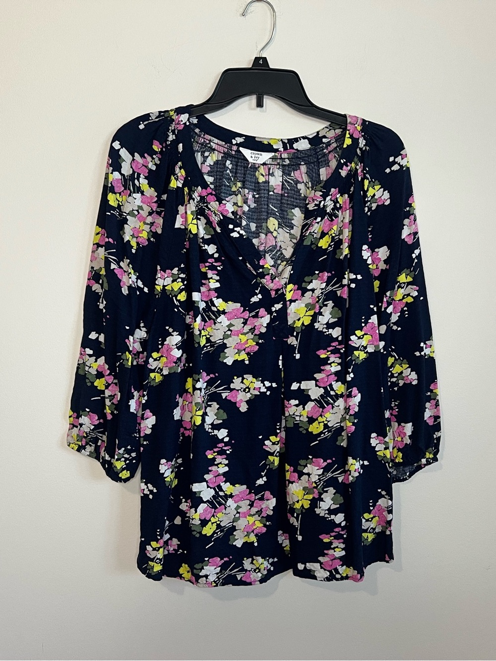 crown & ivy Navy Floral Peasant Blouse - Pink & Yellow Accents